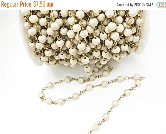 Fossil Stone Chain, 6mm Fossil Stone Wire Wrapped Gold Wire, Rosary Chain By Foot 1 foot - CH256 - BeadPrism