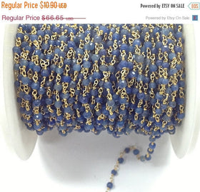 Dyed Blue Saphire 3mm Faceted Gold Plated Wire Wrapped Rosary Gemstone Chain 1 Feet - CHGS-BS - BeadPrism