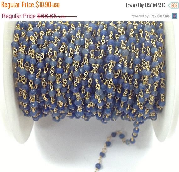 Dyed Blue Saphire 3mm Faceted Gold Plated Wire Wrapped Rosary Gemstone Chain 1 Feet - CHGS-BS - BeadPrism