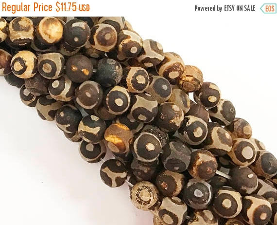 8mm Matte Tibet Agate Gemstone Brown Beads Strand Hand Painted Full 47 Beads DZI Eye Tibet - SAGT360 - BeadPrism