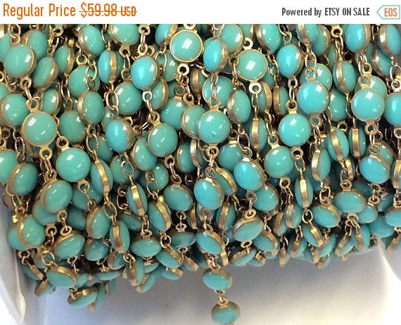 10 feet Turquoise Blue Enameled Coin Station Chain Brass Beaded Bohemian Rosary Chain by foot - CH15 - BeadPrism
