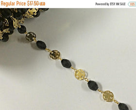 3 Feet 10mm Black Oval Crystal, Gold Plated Wire Wrapped Chain by Foot Rosary Bead Chain - CH207-3 - BeadPrism