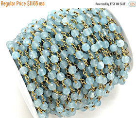 6mm Blue Jade Wire Wrapped Chain, 6mm faceted Round Blue Jade Gemstone Beads, Chain by Foot - CHGS21 - BeadPrism