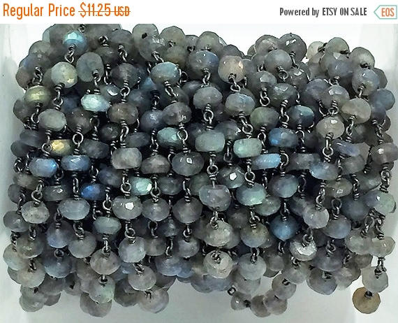 Labodorite wire wrapped chain 6mm faceted Gun metal color wire Rosary Chain 1 Foot - CHGS-LBGM - BeadPrism