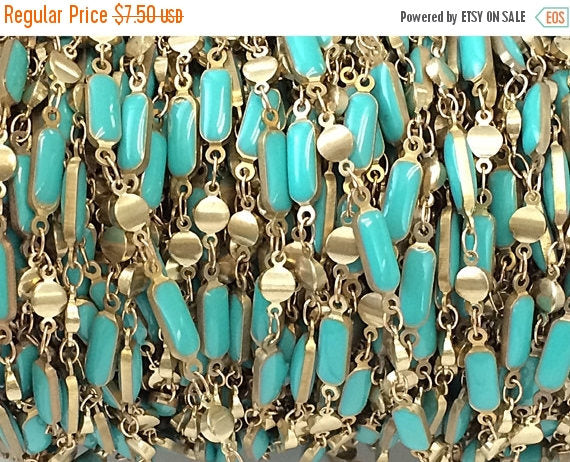 Turquoise Enameled Rectangle Bars Station Chain Brass Beaded Bohemian Chain by foot Vintage - CH153 - BeadPrism