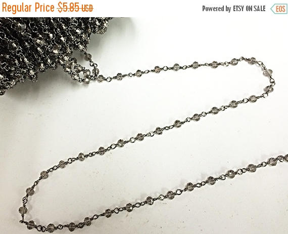 1 Foot 3.5 Smokey Crystal Gun metal Plated Wire Wrapped Chain by Foot, Rosary Bead Chain - CH250-1 - BeadPrism