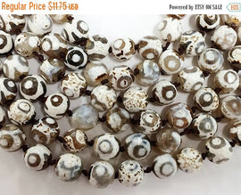 8mm Tibet Agate Ivory Grey Cream Brown Gemstone Beads faceted Full 14.5