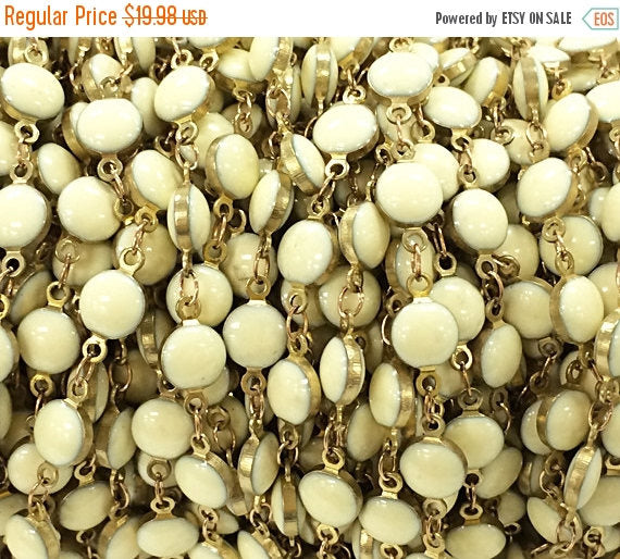 3 Feet Vintage Ivory Enameled Station Chain Brass Beaded Bohemian Gold Rosary Chain White - Ch139-3 - BeadPrism