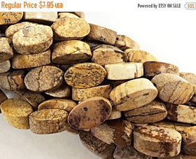 Oval Picture Jasper Gemstone Beads Full Strand, 30 Beads, 14mm Cream Brown Gemstone Beads - SJAS100 - BeadPrism