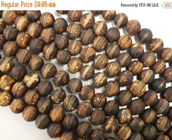 8mm Tibet Agate Matte Gemstone Brown Beads Hand Painted Full Strand 47 Beads Tibetan Agate - SAGT279 - BeadPrism