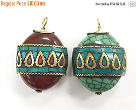 Tibetan Horn Tusk Pendant Turquoise Coral Brass Inlay, Amulet Pendant 45 x 30mm Choose Color - AP112 - BeadPrism