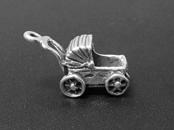 Baby Carriage Charm Sterling Silver 15mm, baby charms, mom charms, Baby Carriage charms - SP116 - BeadPrism