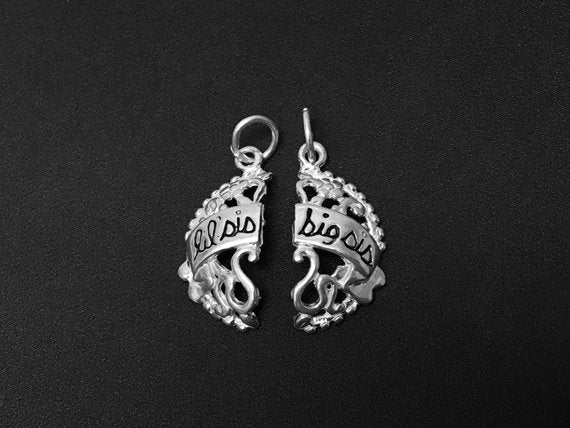 Lil Sis and Big Sis Pair Round Filigree Duo Charm Sterling Silver 16mm, Duo Two charms - SP373 - BeadPrism