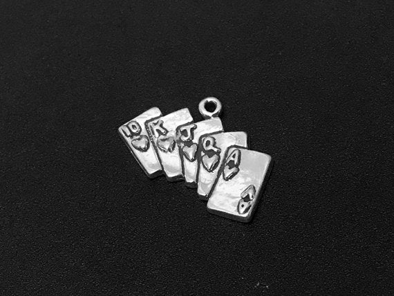 Royal Flush Playing Cards Charm Sterling Silver 15mm, Poker Charm, Cards Charm, Casino Charm - SP314 - BeadPrism