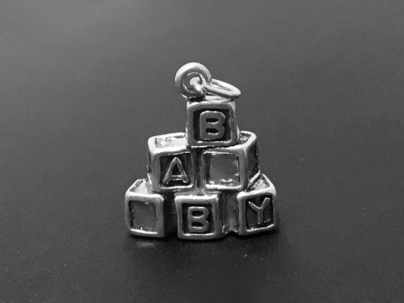 Baby Letter Blocks charm, Sterling Silver 19mm, Baby Charm, Teacher charm, Baby Blocks charm - SP318 - BeadPrism