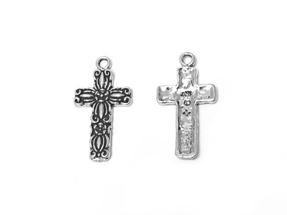 Floral Cross Charm Sterling Silver 25mm, Cross Charms, religious charms, Floral Cross charms - SP282 - BeadPrism