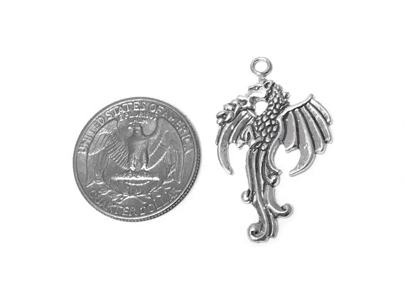 Left Facing Dragon Charm Sterling Silver 36mm, Fantasy Charms, Left Facing Dragon charms - SP294 - BeadPrism