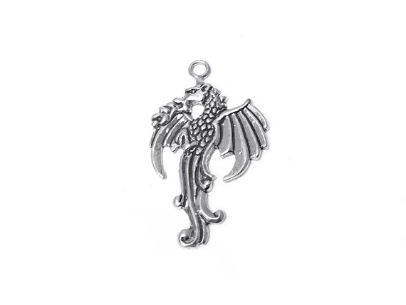Left Facing Dragon Charm Sterling Silver 36mm, Fantasy Charms, Left Facing Dragon charms - SP294 - BeadPrism