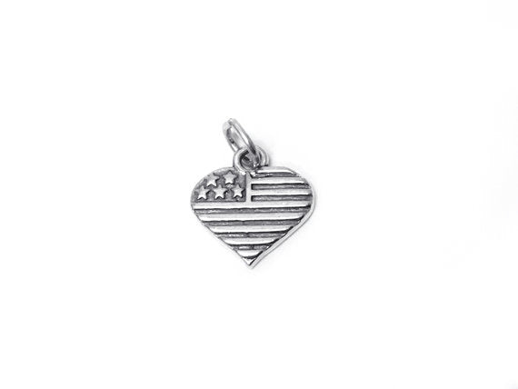 Heart with Stars and Stripes Charm Sterling Silver 15mm, American Charm USA Flag Heart charm - SP378 - BeadPrism