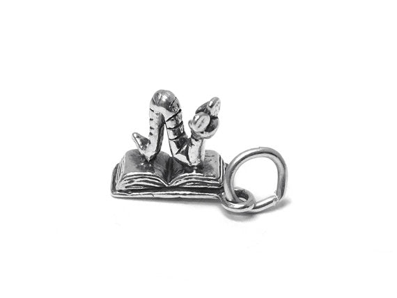 Bookworm Charm Sterling Silver 14.5mm, Words charms, Book Lover Charms, Book Worm charms - SP386 - BeadPrism