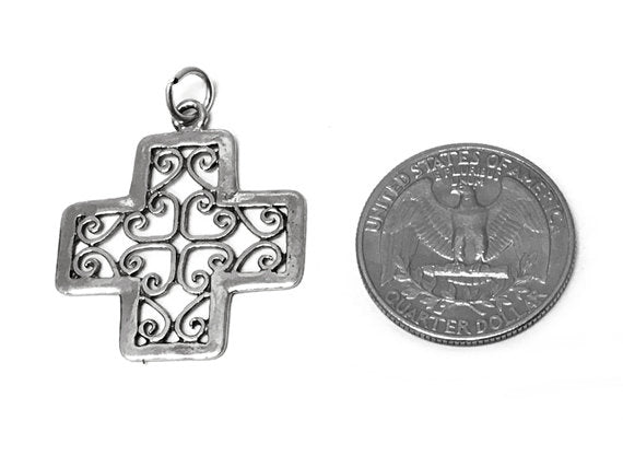 Filigree Cross Charm Sterling Silver 32.5mm, religious charms, Filigree Cross charms - SP428 - BeadPrism