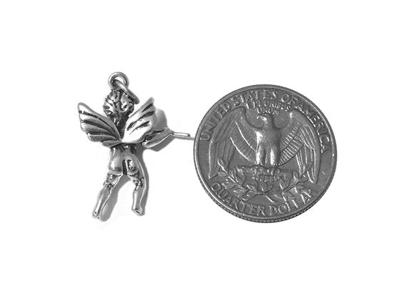 Angel Playing Flute Charm Sterling Silver 24mm, Angel Charms, religious charms, Angel Charms - SP566 - BeadPrism