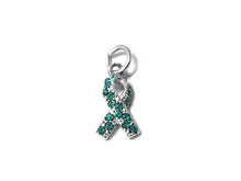 Load image into Gallery viewer, Blue Zircon Cancer Awareness Ribbon with Swarovski Crystals Charm Sterling Silver 17mm Charm - SP597 - BeadPrism