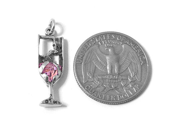 Champagne Glass with Pink Crystal Charm Sterling Silver 26.5mm, Rose Champagne charms - SP624 - BeadPrism