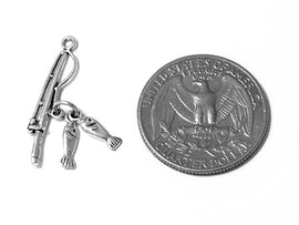 Fishing Pole with two fishes Charm Sterling Silver 28.5mm, Fishing Pole charms - SP170A - BeadPrism