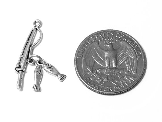 Fishing Pole with two fishes Charm Sterling Silver 28.5mm, Fishing Pole charms - SP170A - BeadPrism