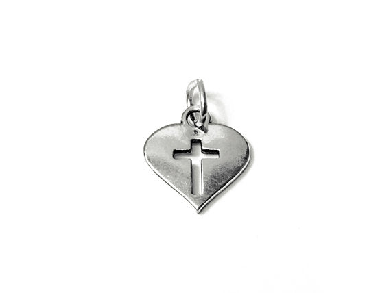 Heart with Cross Charm Sterling Silver 13mm, Religious Charms, Heart Charms, Cross charms - SP674 - BeadPrism