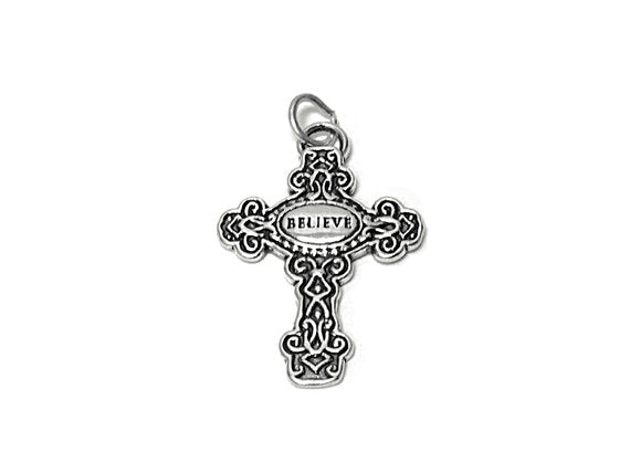 Cross with Believe Charm Sterling Silver 33.5mm, religious charms, Believe Cross charms - SP681 - BeadPrism