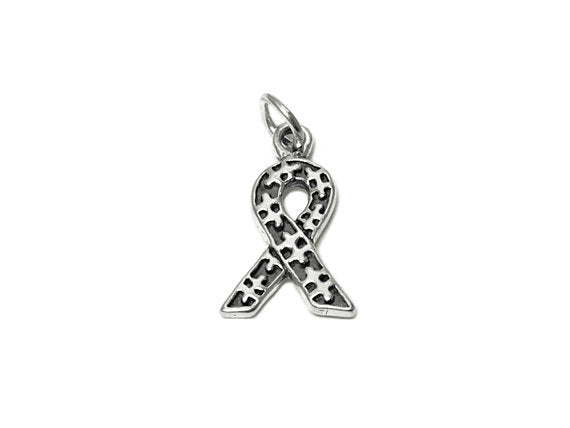 Autism Awareness Ribbon Charm Sterling Silver 21mm, Ribbon Charms, Awareness Ribbon charms - SP682 - BeadPrism