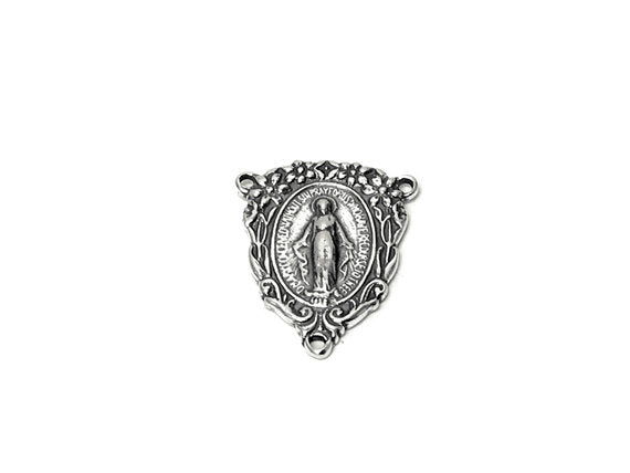 Virgin Mary Rosary Center connector Sterling Silver 21mm, rosary center, Virgin Mary Charm - SP700 - BeadPrism