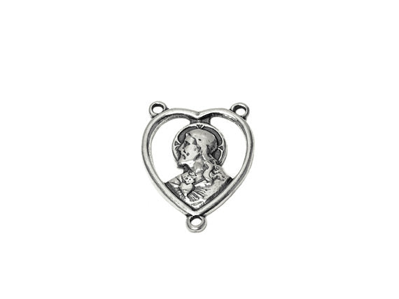 Christ Rosary Center Sterling Silver 21.5mm, Religious Charms, Heart Christ Rosary Center - SP701 - BeadPrism