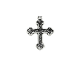 Cross with Scroll Work Charm Sterling Silver 29.5mm, religious charms, Large Cross charms - SP752 - BeadPrism