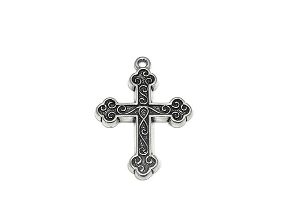 Cross with Scroll Work Charm Sterling Silver 29.5mm, religious charms, Large Cross charms - SP752 - BeadPrism