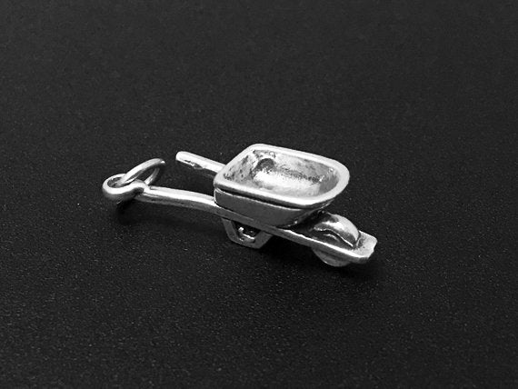Wheelbarrow Charm Sterling Silver 23mm, Garden Charms, Farm Charms, Wheelbarrow charms - SP232 - BeadPrism