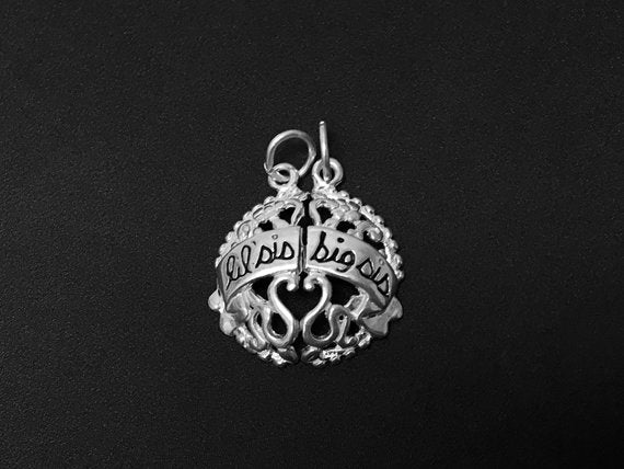 Lil Sis and Big Sis Pair Round Filigree Duo Charm Sterling Silver 16mm, Duo Two charms - SP373 - BeadPrism