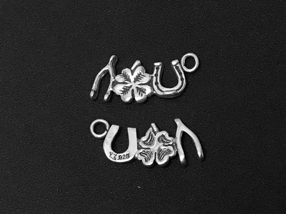 Amulet Charms, Horseshoe, 4 Leaf Clover, Wishbone Charms Sterling Silver 22.5mm, Lucky Charm - SP327 - BeadPrism