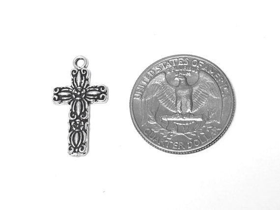 Floral Cross Charm Sterling Silver 25mm, Cross Charms, religious charms, Floral Cross charms - SP282 - BeadPrism