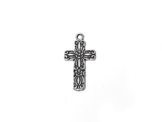 Floral Cross Charm Sterling Silver 25mm, Cross Charms, religious charms, Floral Cross charms - SP282 - BeadPrism