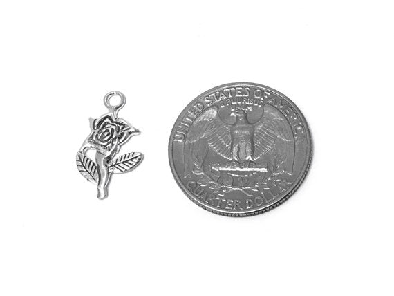 Rose Charm Sterling Silver 21mm, Flower Charm, valentine charm, romantic charm, Rose charms - SP302 - BeadPrism
