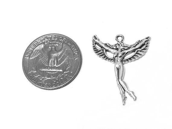Left Facing Winged Fairy Charm Sterling Silver 30mm, Fantasy Charms, Winged Fairy charms - SP289 - BeadPrism