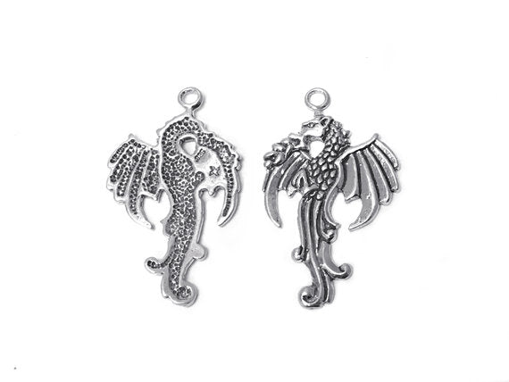 Left Facing Dragon Charm Sterling Silver 36mm, Fantasy Charms, Left Facing Dragon charms - SP294 - BeadPrism