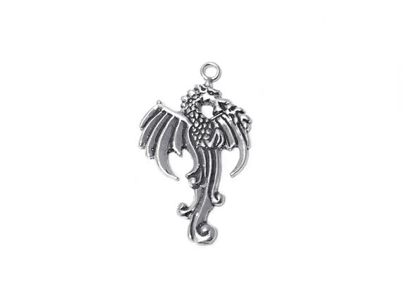 Right Facing Dragon Charm Sterling Silver 36mm, Gamer Gift, Right Facing Dragon charm - SP296 - BeadPrism