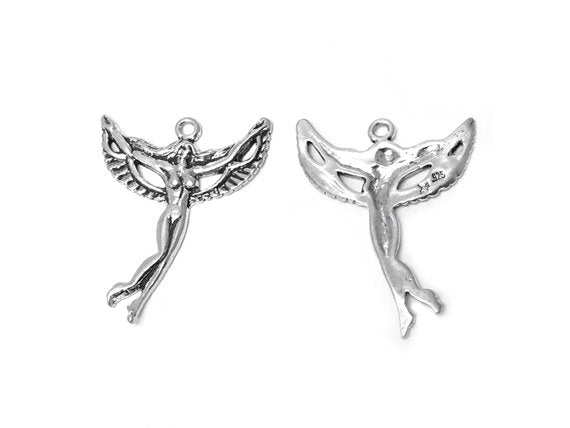 Right Facing Winged Fairy Charm Sterling Silver 30mm, Right Facing Winged Fairy charm - SP286 - BeadPrism