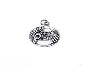 Oval Clef and Notes Charm Sterling Silver 19mm, Music note, Oval Clef and Notes Charms - SP355 - BeadPrism