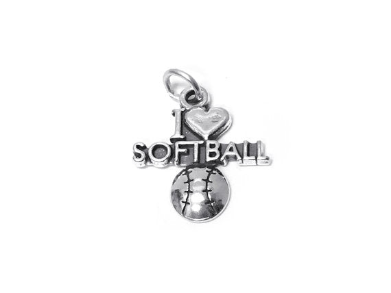 I Love Softball Charm Sterling Silver 21mm, Sports Charms, I Love Softball charms - SP376 - BeadPrism