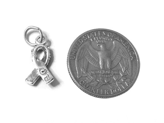 Clear Lung Cancer Awareness Ribbon with Swarovski Crystals Charm Sterling Silver 17mm Charm - SP595 - BeadPrism